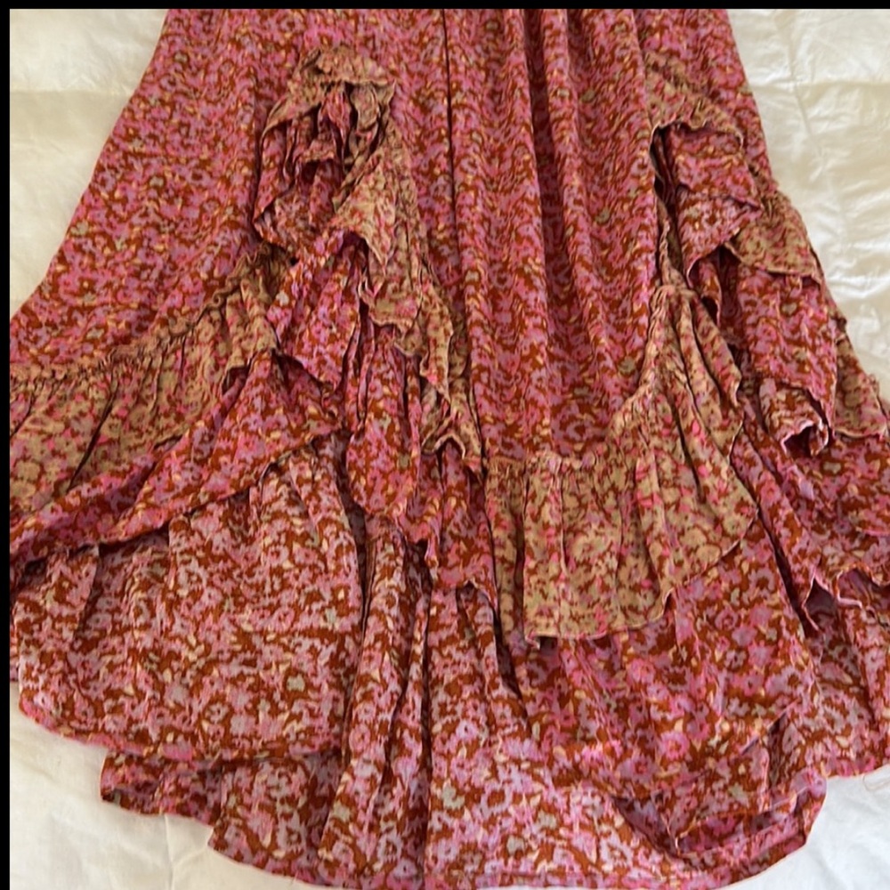 Free People One I Love Dress in Caramel Combo Pink and Tan Maxi Ruffle Hem Sz L - Picture 5 of 16